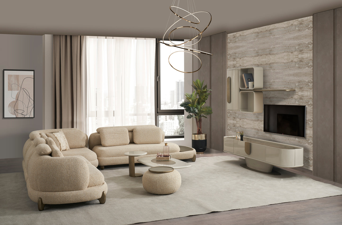 Modulare Ecksofa "Atmos" + Sessel + Hocker - Beige - Nobelaa