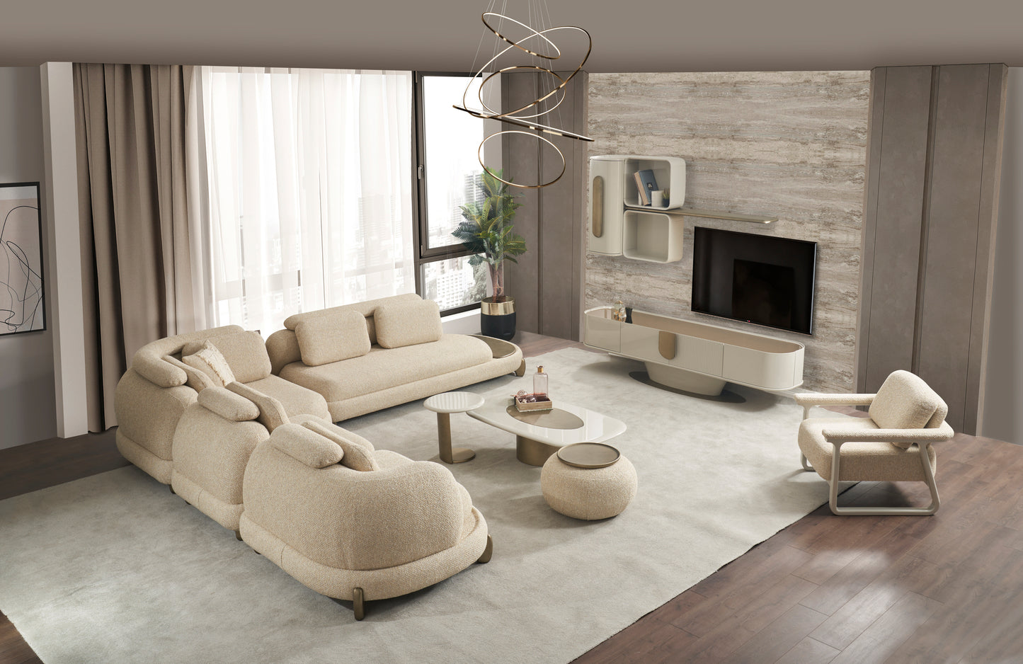 Modulare Ecksofa "Atmos" + Sessel + Hocker - Beige - Nobelaa