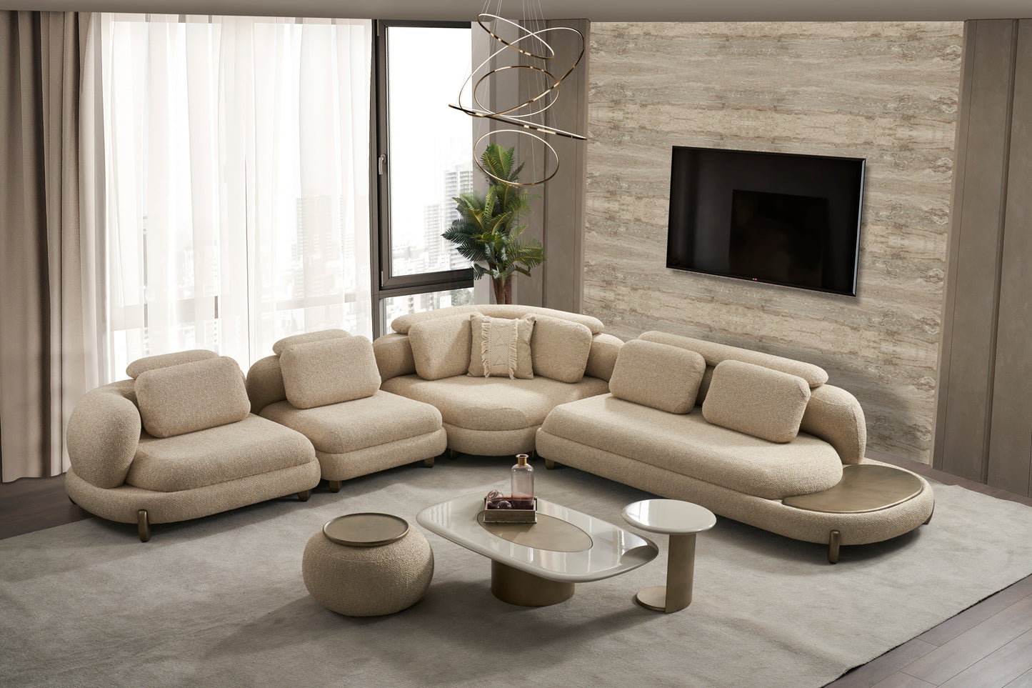 Modulare Ecksofa "Atmos" + Sessel + Hocker - Beige - Nobelaa