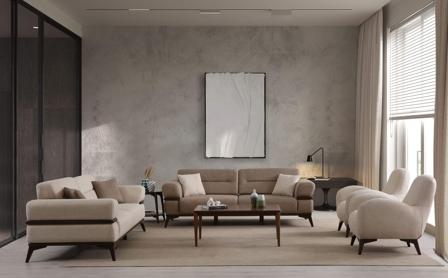 Sitzgruppe/Sofa Set - Wohnzimmergarnitur "Bayleaf" 3+3+1- Hellbraun/Beige- Nobelaa