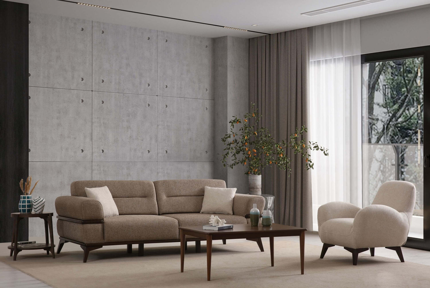 Sitzgruppe/Sofa Set - Wohnzimmergarnitur "Bayleaf" 3+3+1- Hellbraun/Beige- Nobelaa