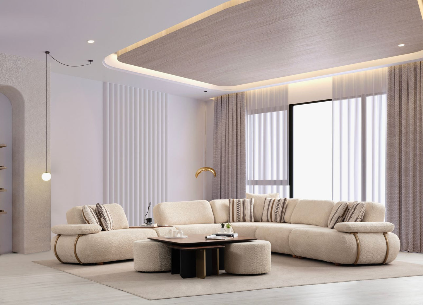 Modulare Ecksofa "Cascade" + Mittelkonsolentisch + Sessel + Hocker - Beige - Nobelaa
