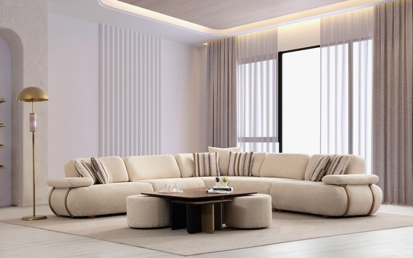 Modulare Ecksofa "Cascade" + Mittelkonsolentisch + Sessel + Hocker - Beige - Nobelaa