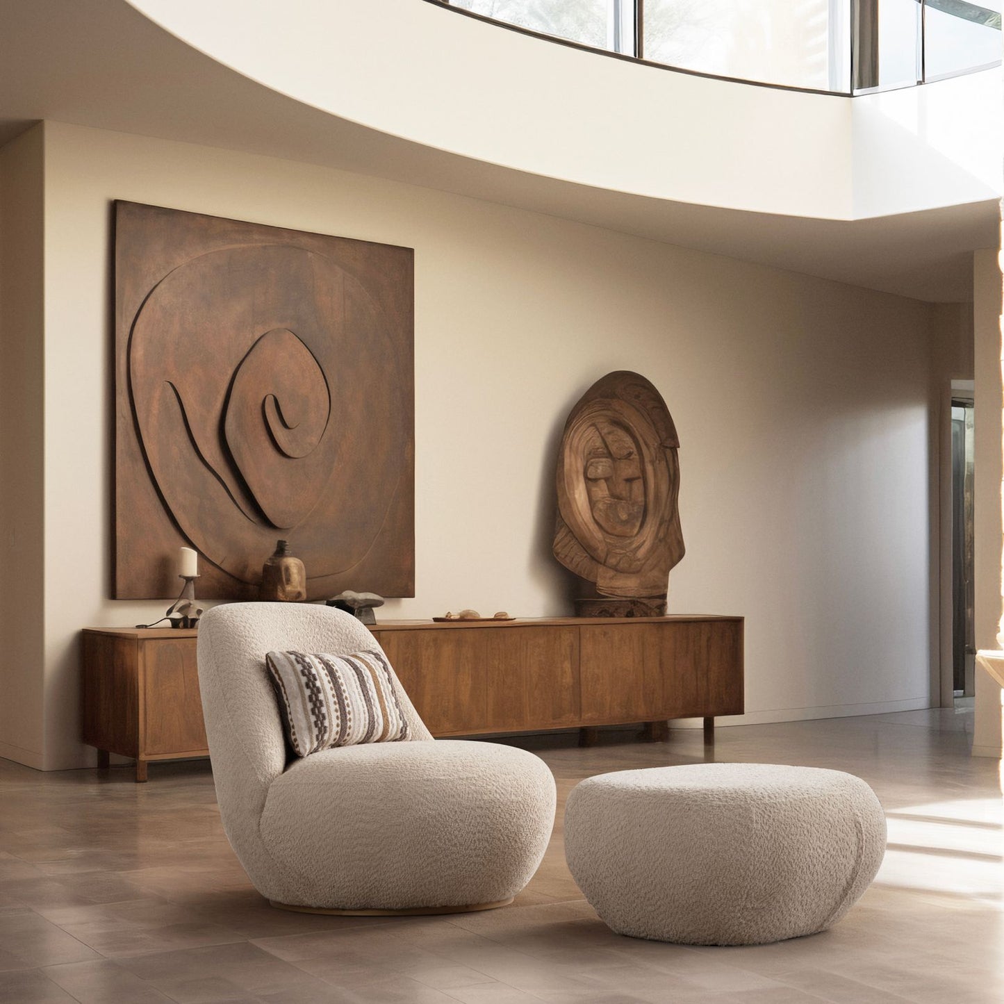 Modulare Ecksofa "Cascade" + Mittelkonsolentisch + Sessel + Hocker - Beige - Nobelaa