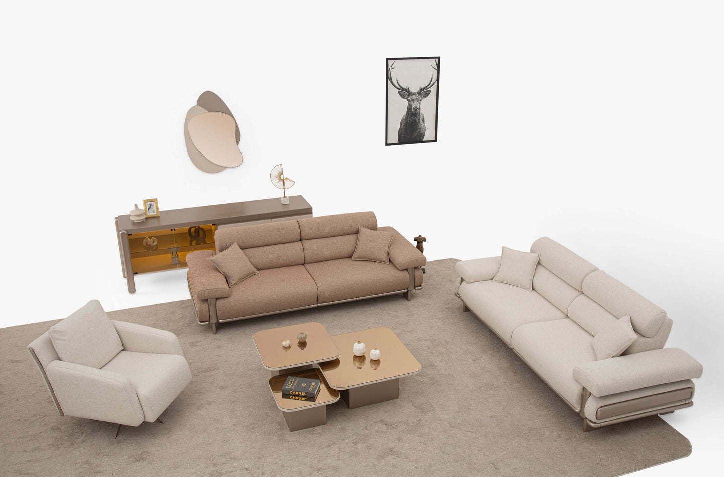 Sitzgruppe/Sofa Set - Wohnzimmergarnitur "Cassiope" 3+3+1+1 - Beige/Braun - Nobelaa