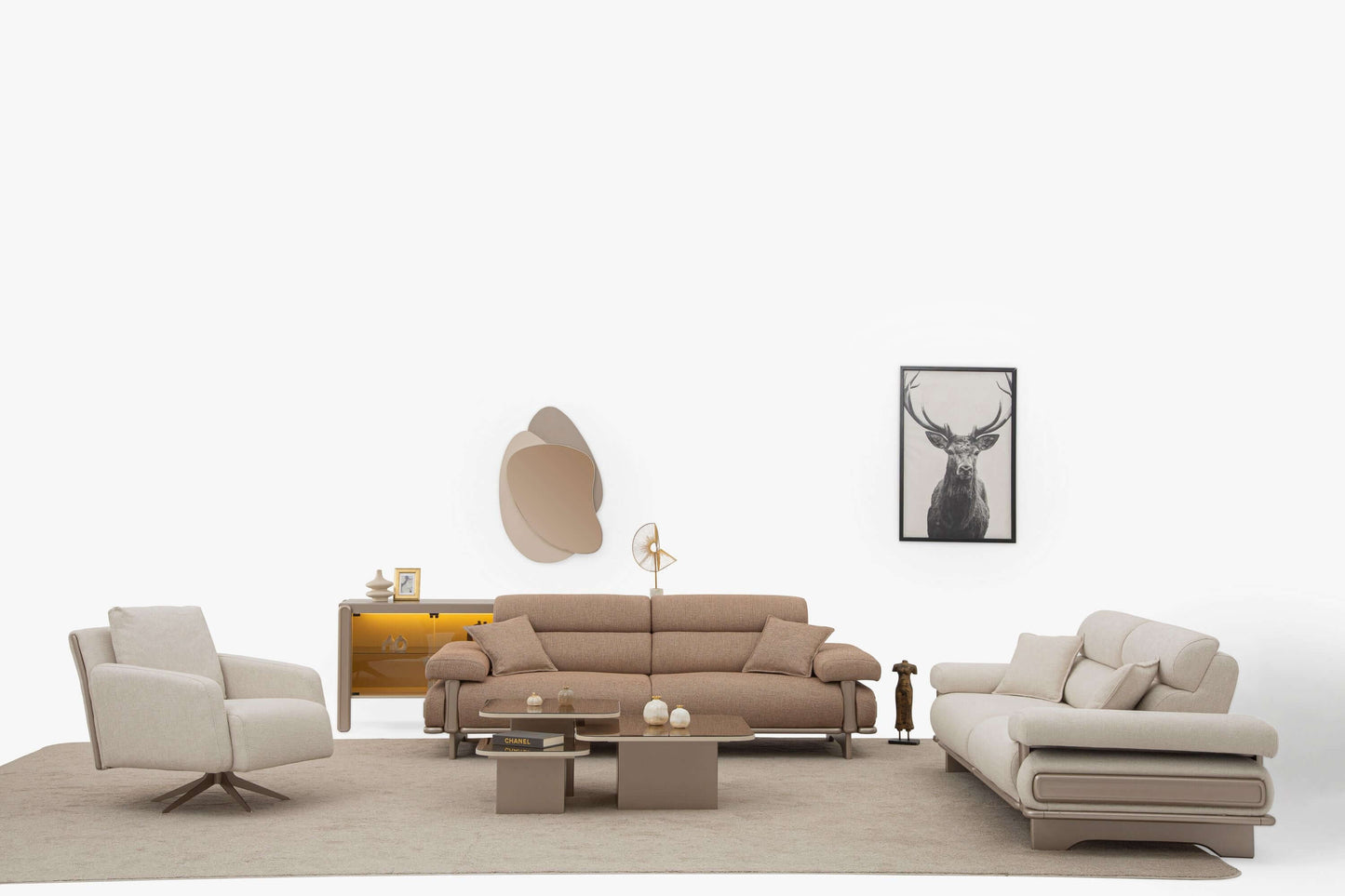 Sitzgruppe/Sofa Set - Wohnzimmergarnitur "Cassiope" 3+3+1+1 - Beige/Braun - Nobelaa