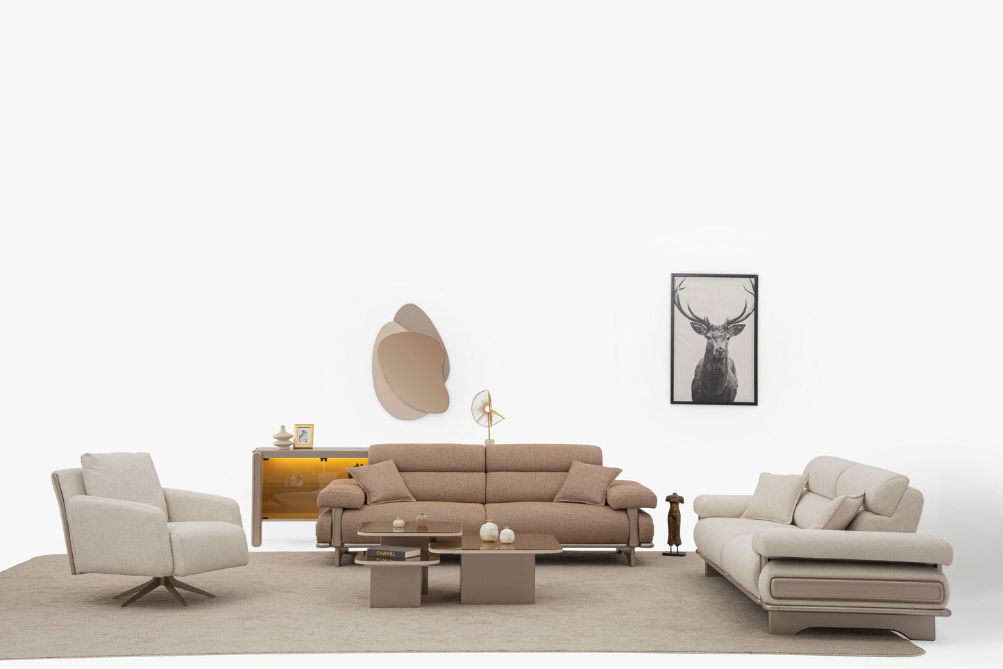 Sitzgruppe/Sofa Set - Wohnzimmergarnitur "Cassiope" 3+3+1+1 - Beige/Braun - Nobelaa