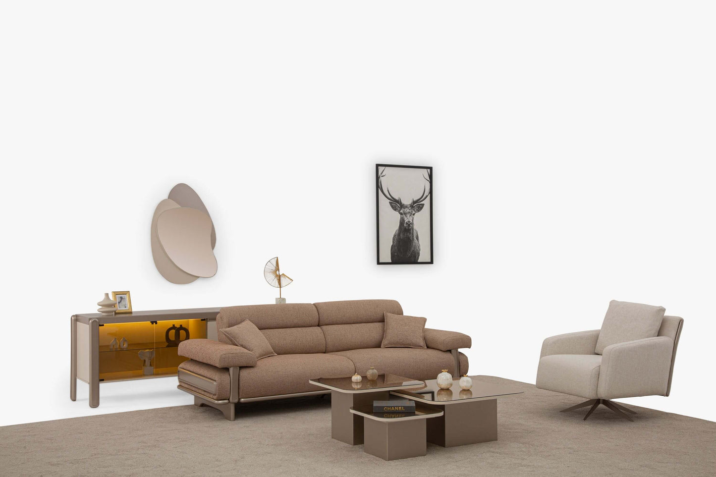 Sitzgruppe/Sofa Set - Wohnzimmergarnitur "Cassiope" 3+3+1+1 - Beige/Braun - Nobelaa