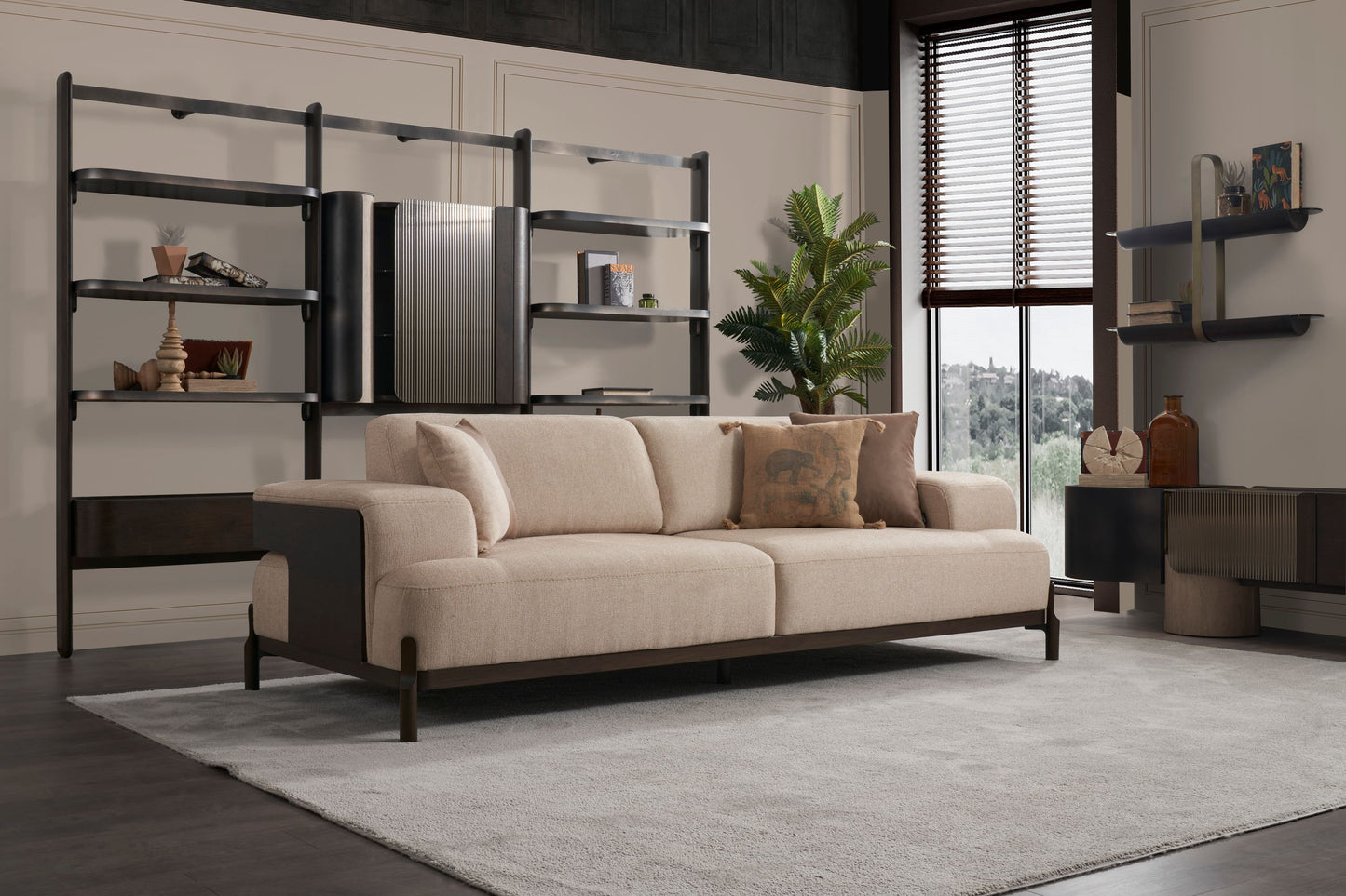 Ecksofa "Snowdrop" + 3 Sitzer + Sessel + Mittelkonsolentisch + Hocker - Beige - Nobelaa