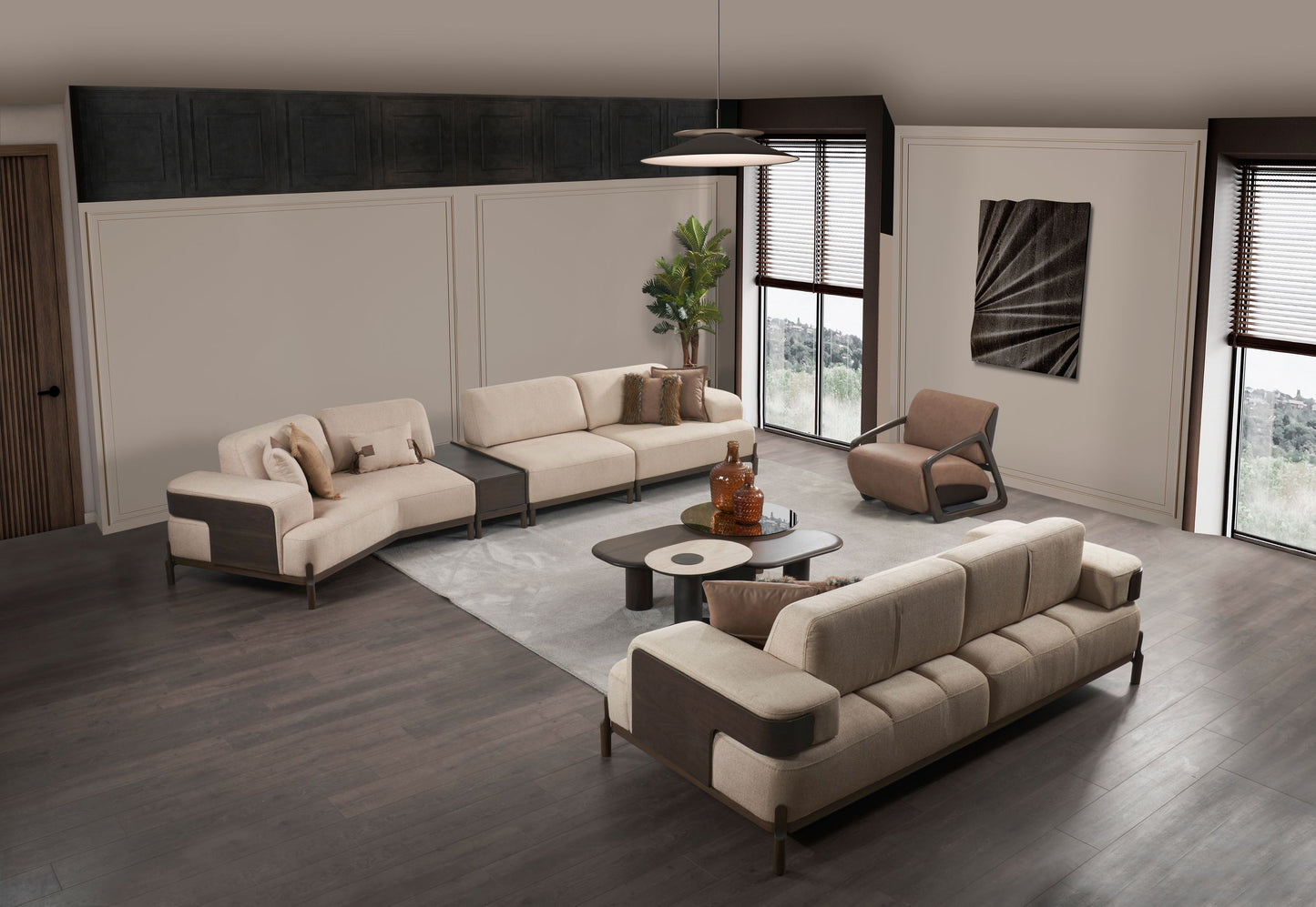 Ecksofa "Snowdrop" + 3 Sitzer + Sessel + Mittelkonsolentisch + Hocker - Beige - Nobelaa