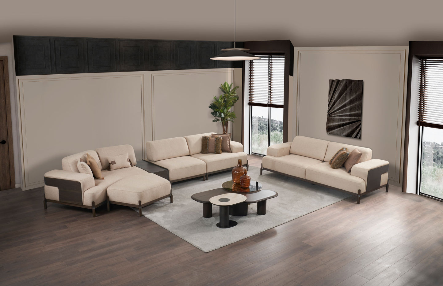 Ecksofa "Snowdrop" + 3 Sitzer + Sessel + Mittelkonsolentisch + Hocker - Beige - Nobelaa
