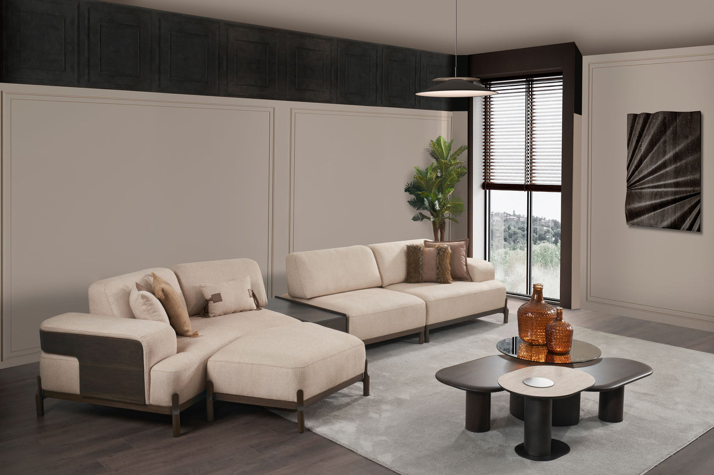 Ecksofa "Snowdrop" + 3 Sitzer + Sessel + Mittelkonsolentisch + Hocker - Beige - Nobelaa