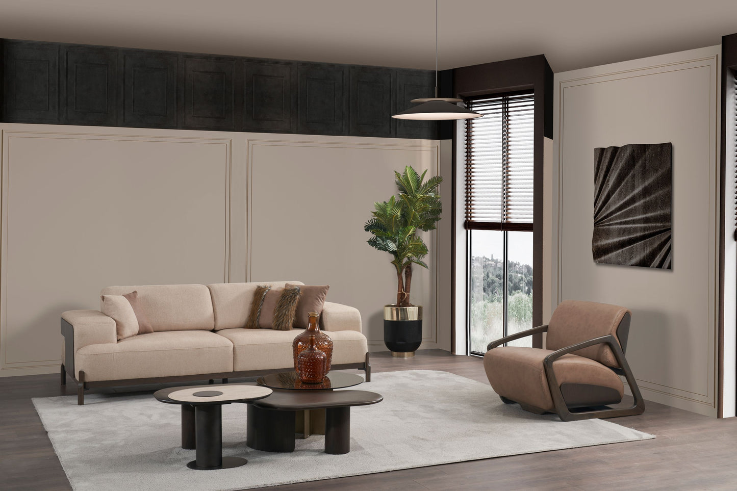 Ecksofa "Snowdrop" + 3 Sitzer + Sessel + Mittelkonsolentisch + Hocker - Beige - Nobelaa