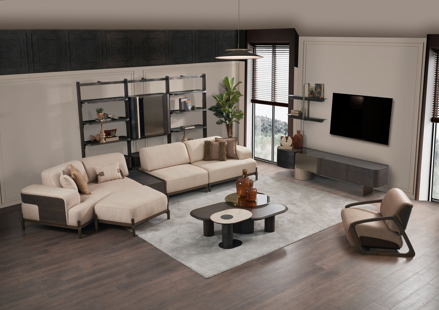 Ecksofa "Snowdrop" + 3 Sitzer + Sessel + Mittelkonsolentisch + Hocker - Beige - Nobelaa