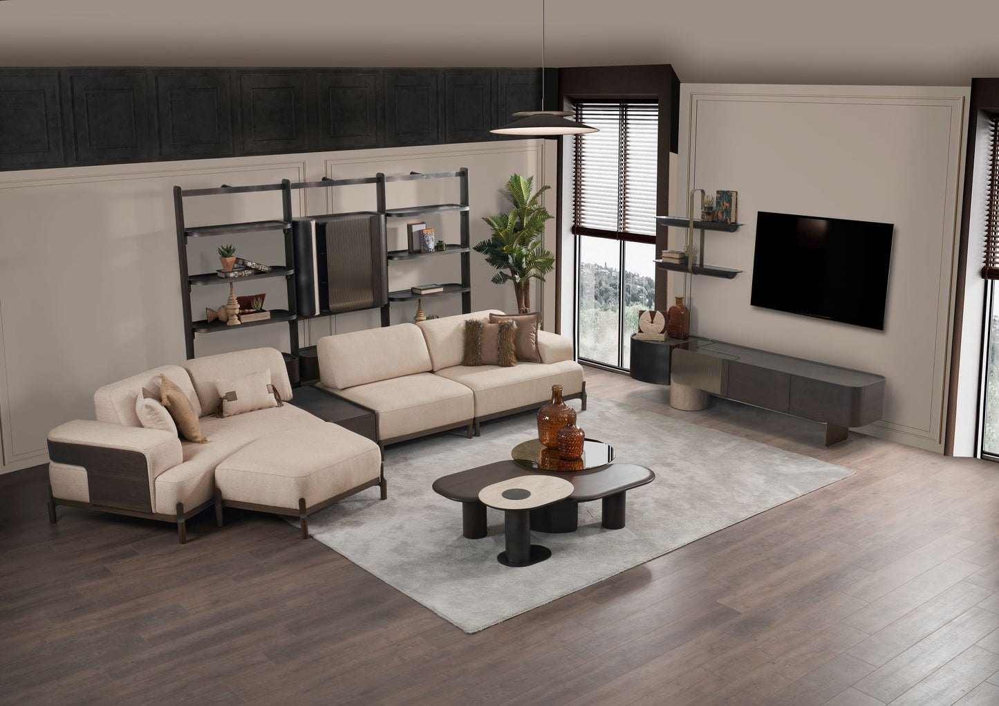 Ecksofa "Snowdrop" + 3 Sitzer + Sessel + Mittelkonsolentisch + Hocker - Beige - Nobelaa