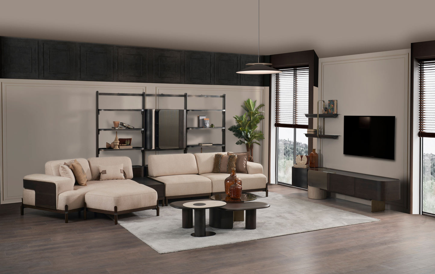 Ecksofa "Snowdrop" + 3 Sitzer + Sessel + Mittelkonsolentisch + Hocker - Beige - Nobelaa