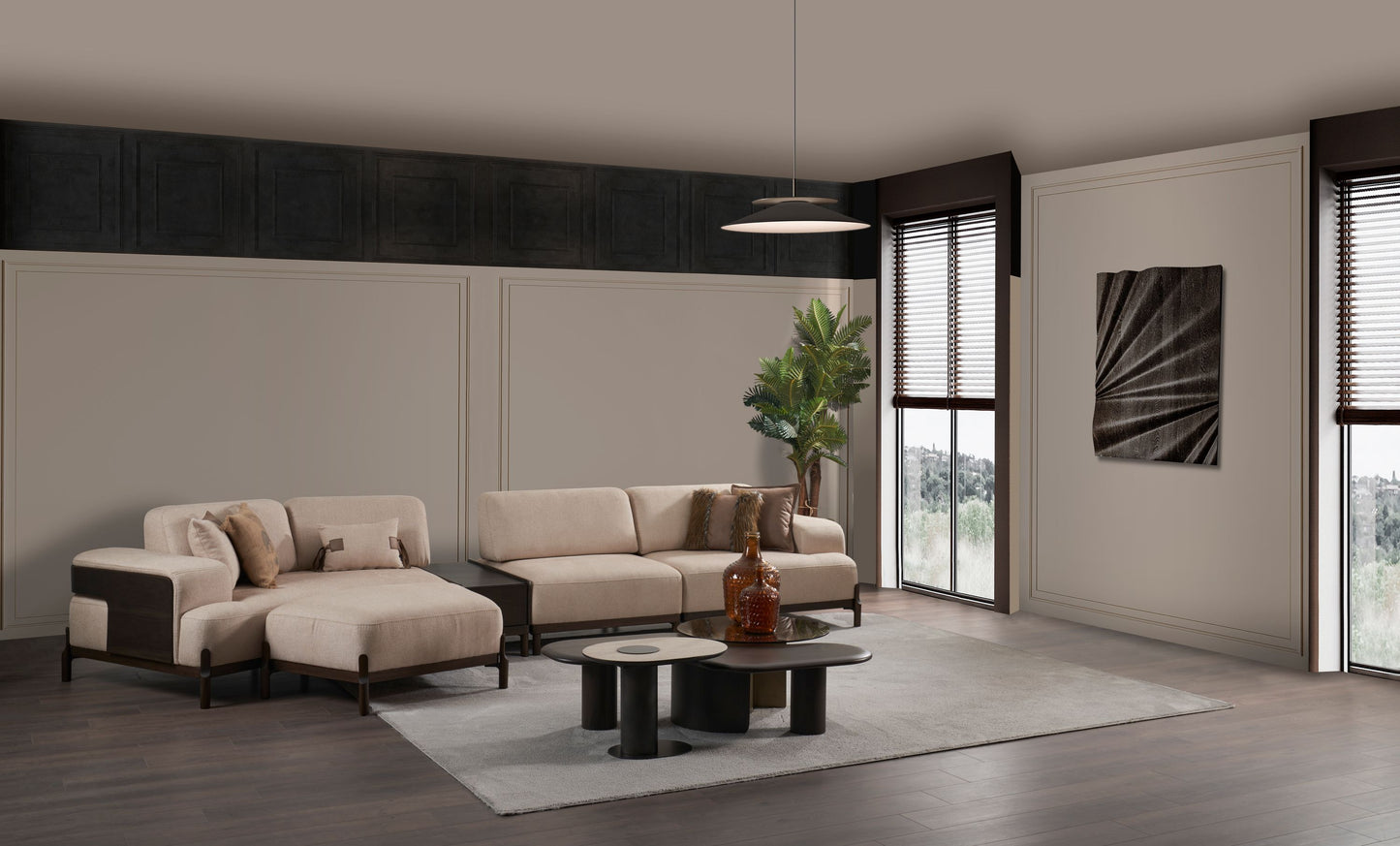 Ecksofa "Snowdrop" + 3 Sitzer + Sessel + Mittelkonsolentisch + Hocker - Beige - Nobelaa