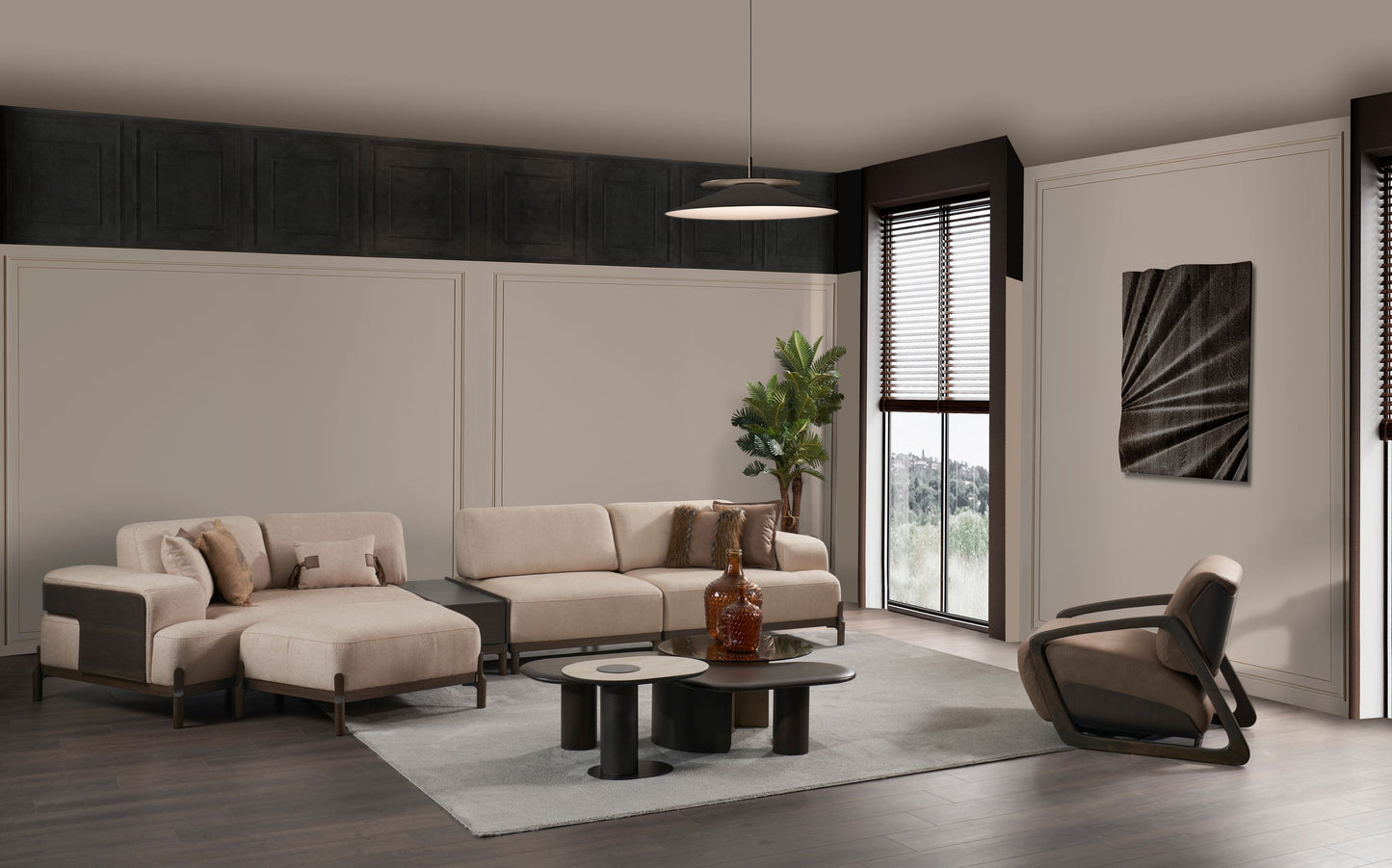 Ecksofa "Snowdrop" + 3 Sitzer + Sessel + Mittelkonsolentisch + Hocker - Beige - Nobelaa