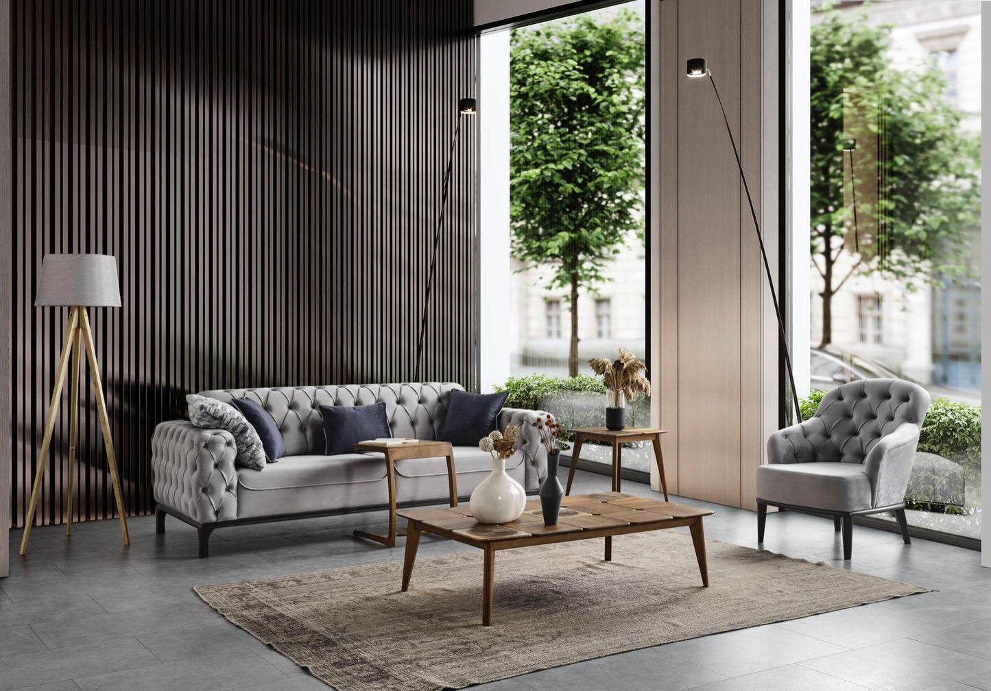 Sitzgruppe/Sofa Set - Wohnzimmergarnitur "Erica" 3+2+1 - Schwarz/Grau - Nobelaa