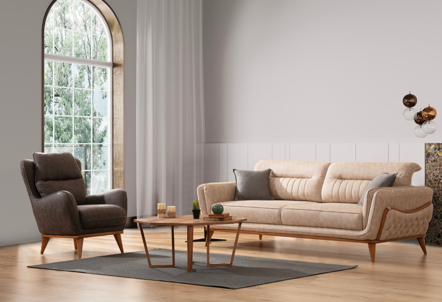 Sitzgruppe/Sofa Set - Wohnzimmergarnitur "Galea" 3+3+1+1 - Beige/Anthrazit - Nobelaa