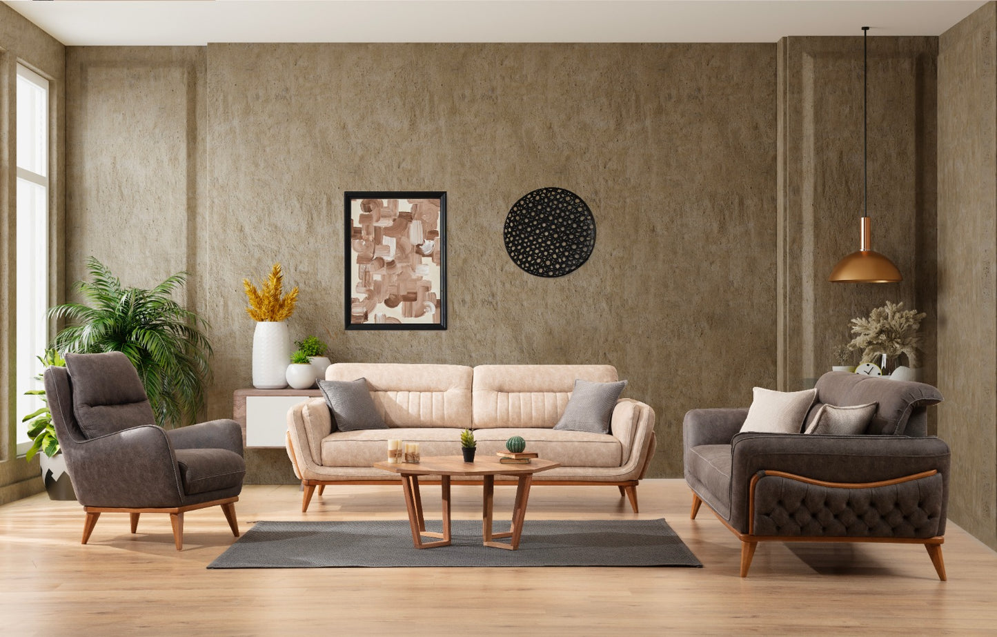 Sitzgruppe/Sofa Set - Wohnzimmergarnitur "Galea" 3+3+1+1 - Beige/Anthrazit - Nobelaa
