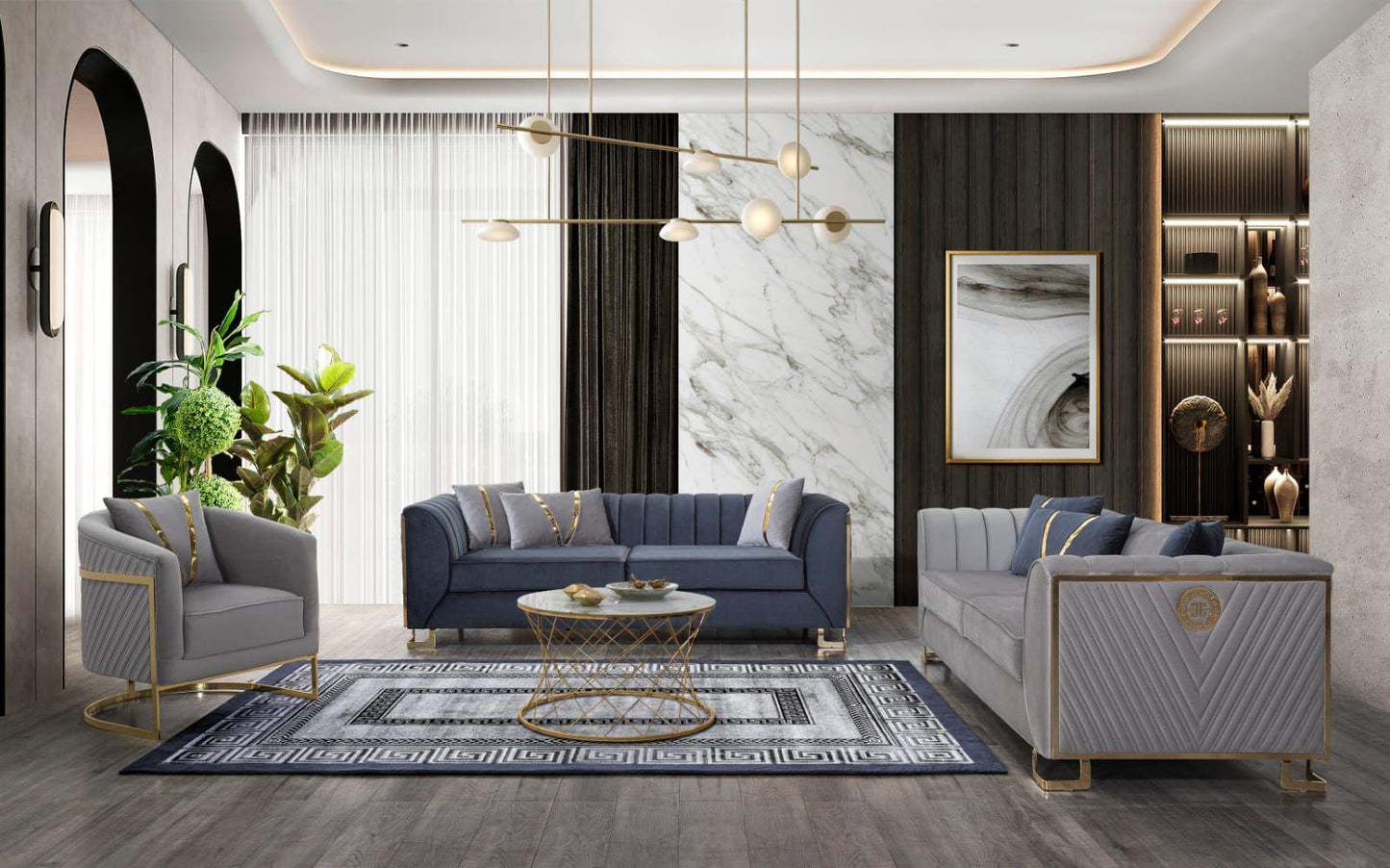 Sitzgruppe/Sofa Set - Wohnzimmergarnitur "Ismene" 3+3+1+1 - Dunkelblau/Grau - Nobelaa