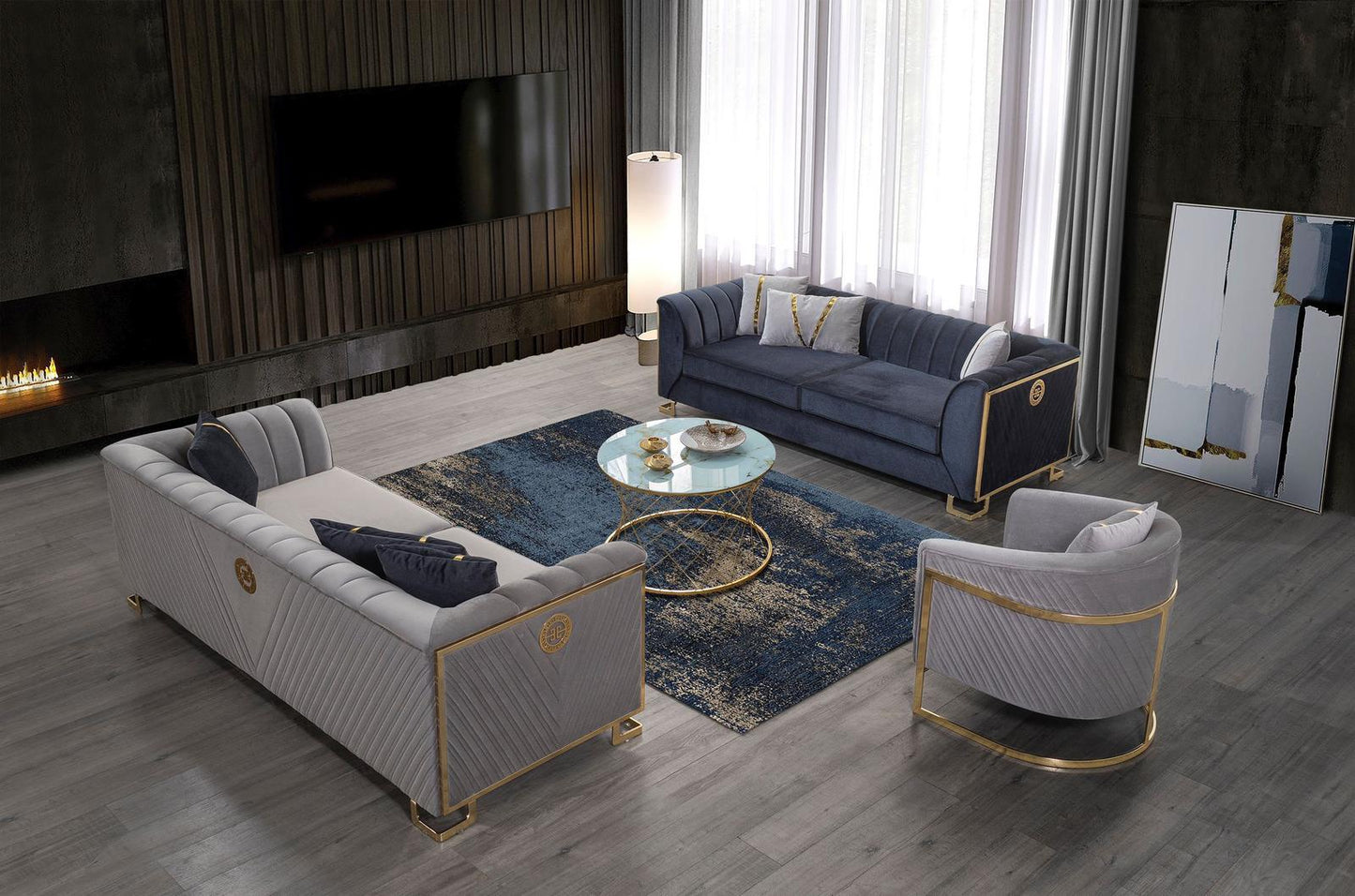 Sitzgruppe/Sofa Set - Wohnzimmergarnitur "Ismene" 3+3+1+1 - Dunkelblau/Grau - Nobelaa