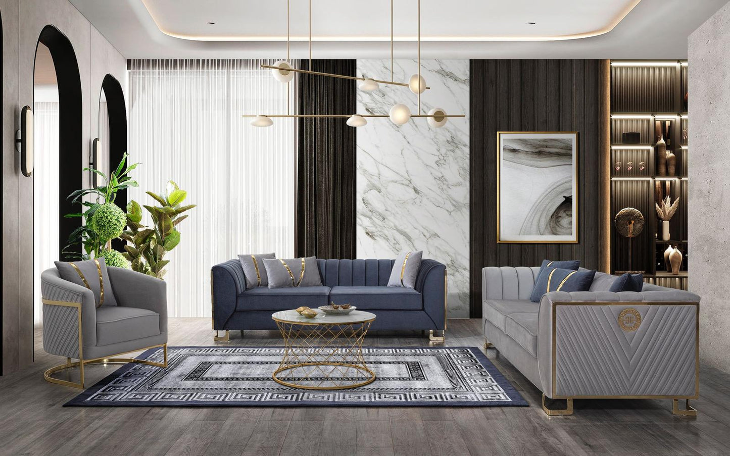 Sitzgruppe/Sofa Set - Wohnzimmergarnitur "Ismene" 3+3+1+1 - Dunkelblau/Grau - Nobelaa