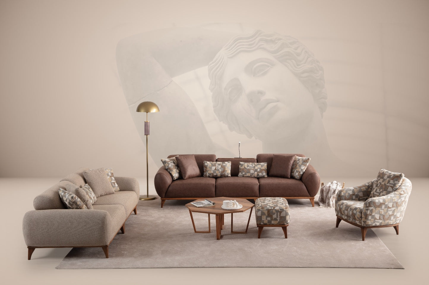 Sitzgruppe/Sofa Set - Wohnzimmergarnitur "Kerria" 3+3+1 - Braun/Beige - Nobelaa