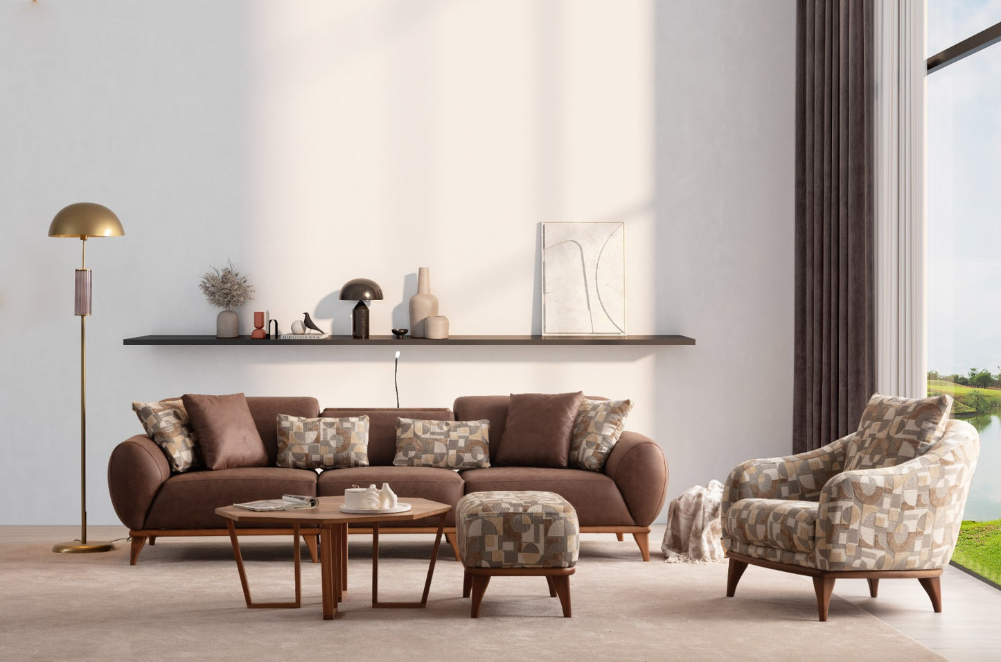 Sitzgruppe/Sofa Set - Wohnzimmergarnitur "Kerria" 3+3+1 - Braun/Beige - Nobelaa