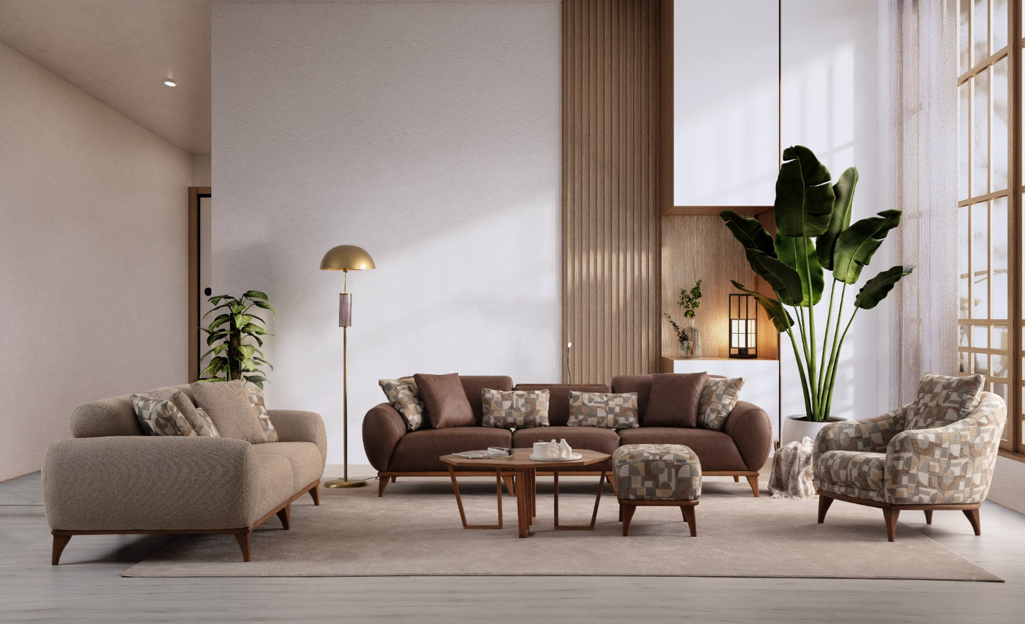 Sitzgruppe/Sofa Set - Wohnzimmergarnitur "Kerria" 3+3+1 - Braun/Beige - Nobelaa
