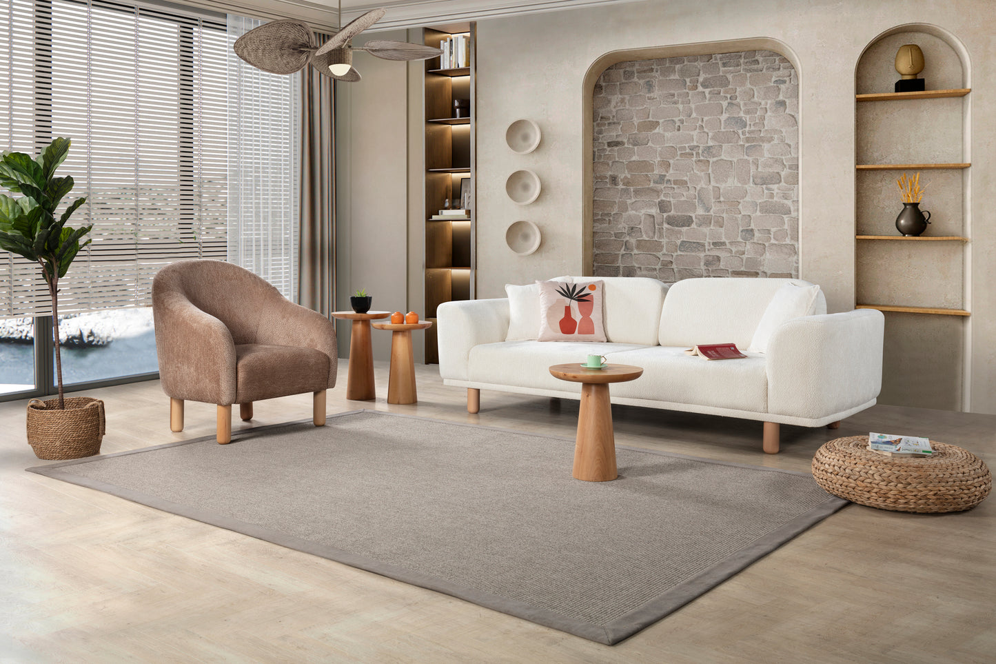 Sitzgruppe/Sofa Set - Wohnzimmergarnitur "Midnight" 3+3+1- Hellbraun/Weiß - Nobelaa