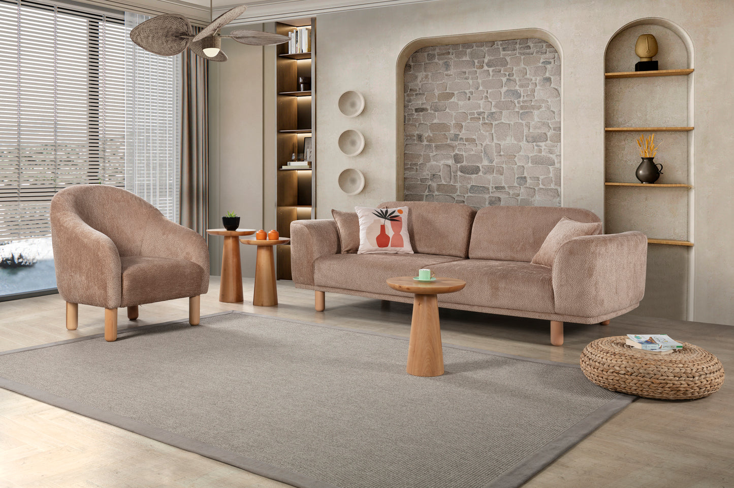 Sitzgruppe/Sofa Set - Wohnzimmergarnitur "Midnight" 3+3+1- Hellbraun/Weiß - Nobelaa