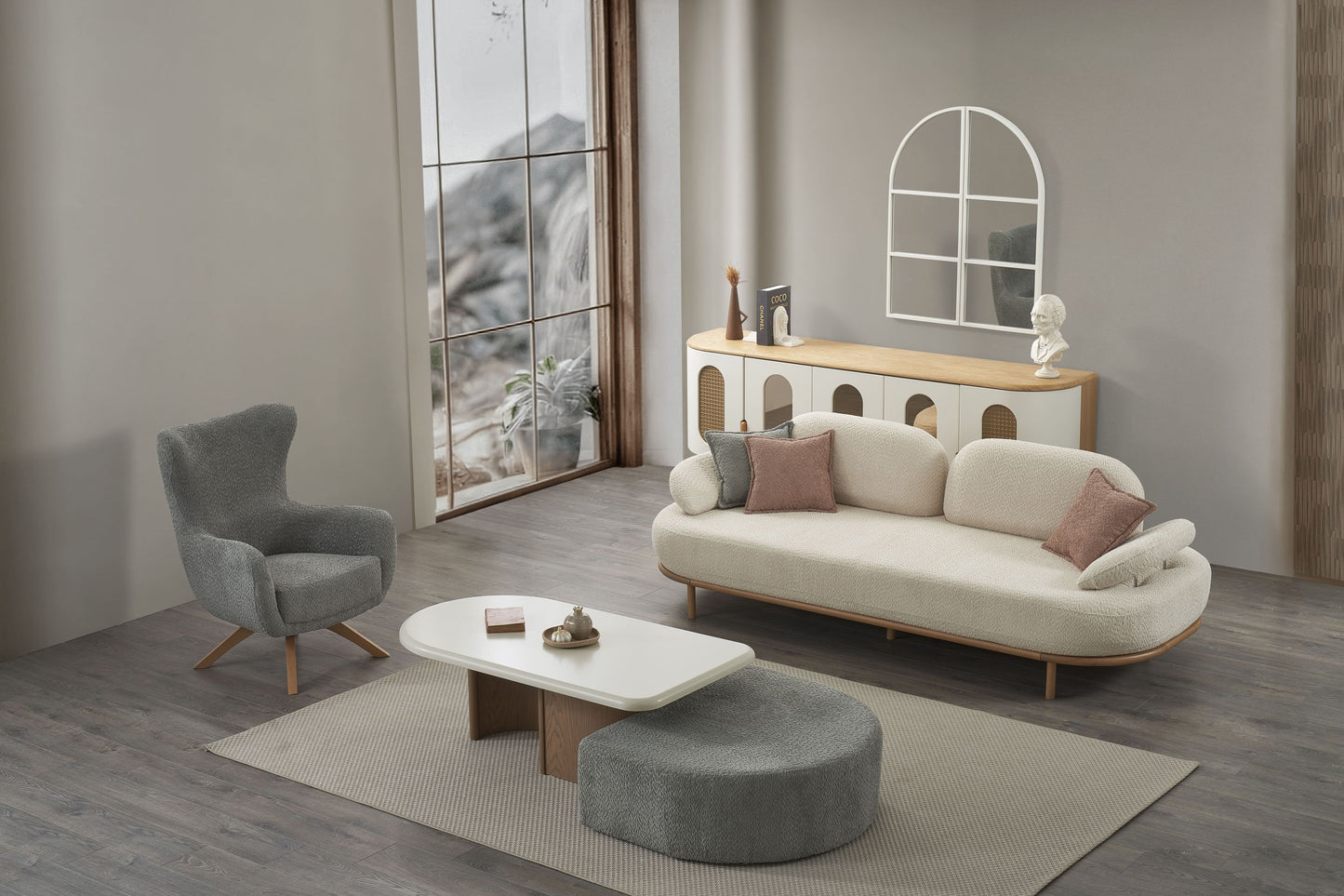 Sitzgruppe/Sofa Set - Wohnzimmergarnitur "Milfoil" 3+2+1 - Beige/Grau - Nobelaa