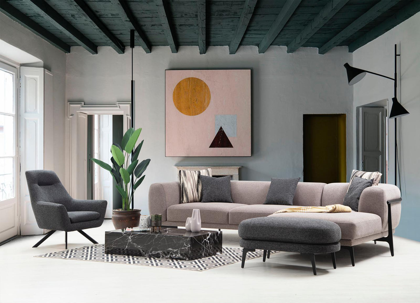 Sitzgruppe/Sofa Set - "Mock-orange" - Ecksofa + 3-Sitzer + Sessel - Orange/Grau - Nobelaa