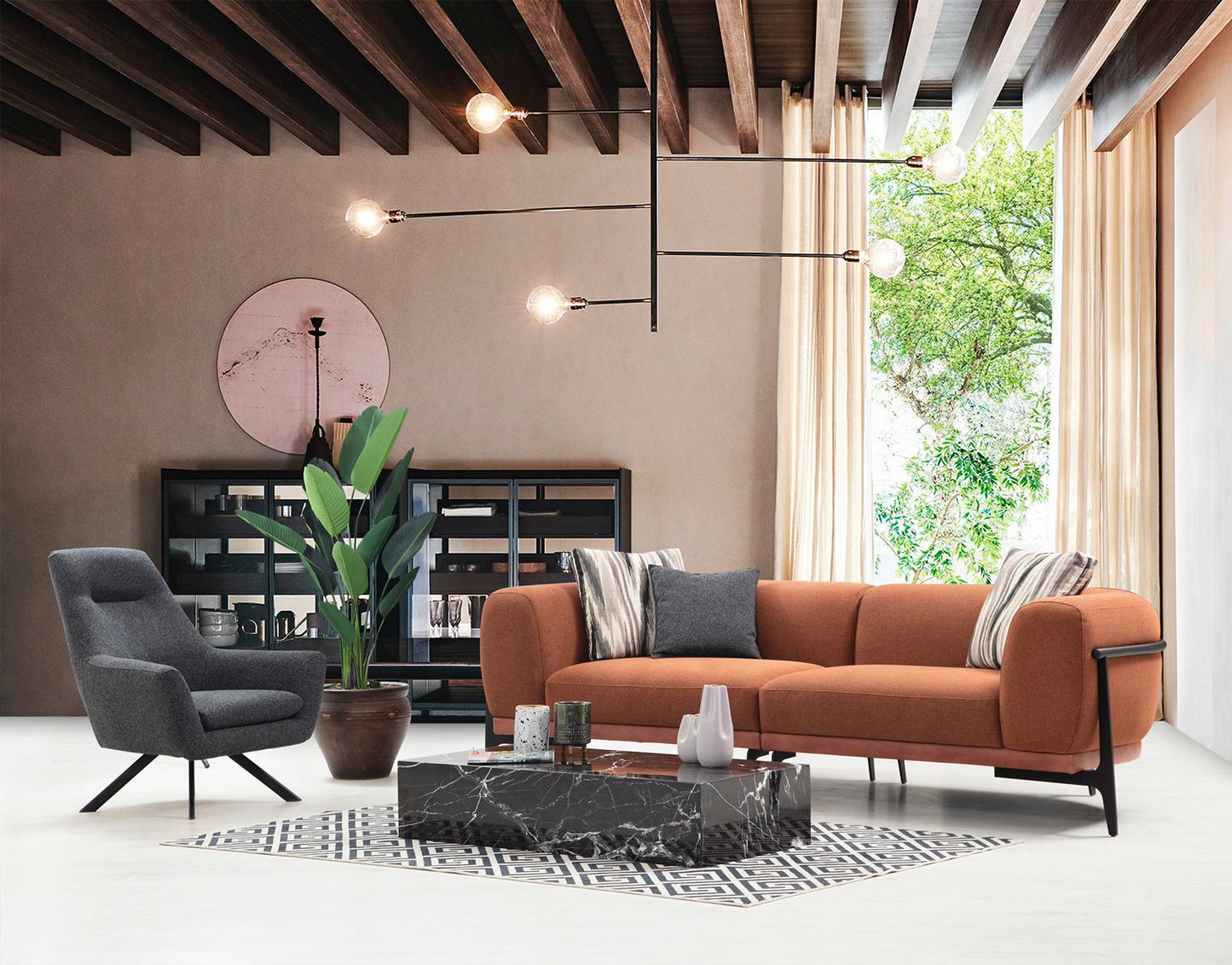 Sitzgruppe/Sofa Set - "Mock-orange" - Ecksofa + 3-Sitzer + Sessel - Orange/Grau - Nobelaa