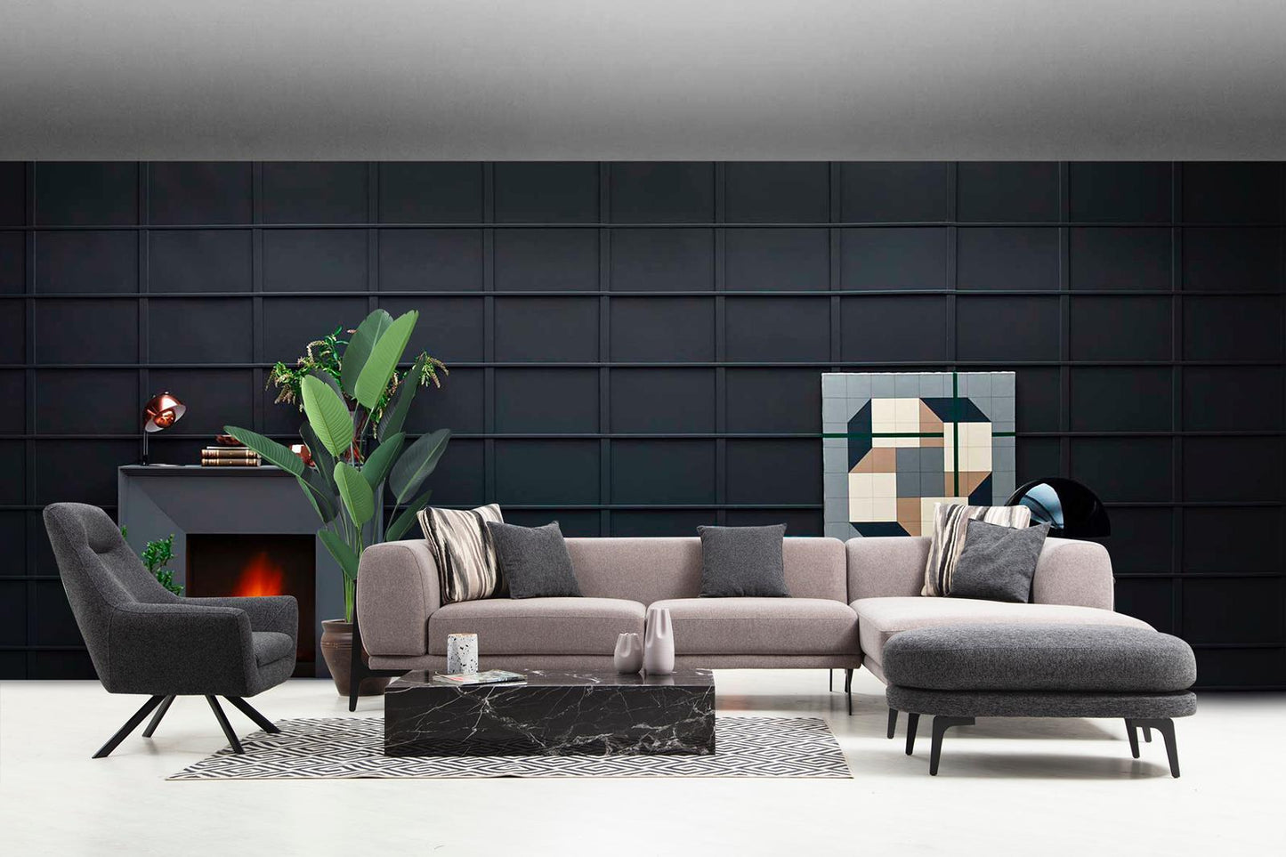 Sitzgruppe/Sofa Set - "Mock-orange" - Ecksofa + 3-Sitzer + Sessel - Orange/Grau - Nobelaa