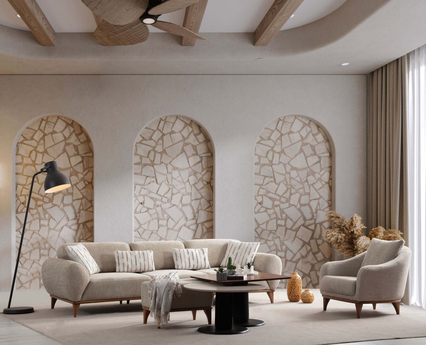 Sitzgruppe/Sofa Set - Wohnzimmergarnitur "Moonflower" 3+2+1 - Beige - Nobelaa