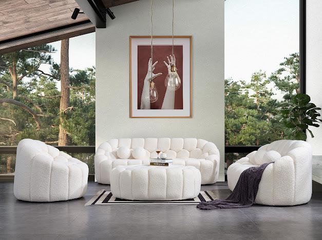 Sitzgruppe/Sofa Set - Wohnzimmergarnitur "Rosalia" 3+2+1 + Hocker - Weiß - Nobelaa