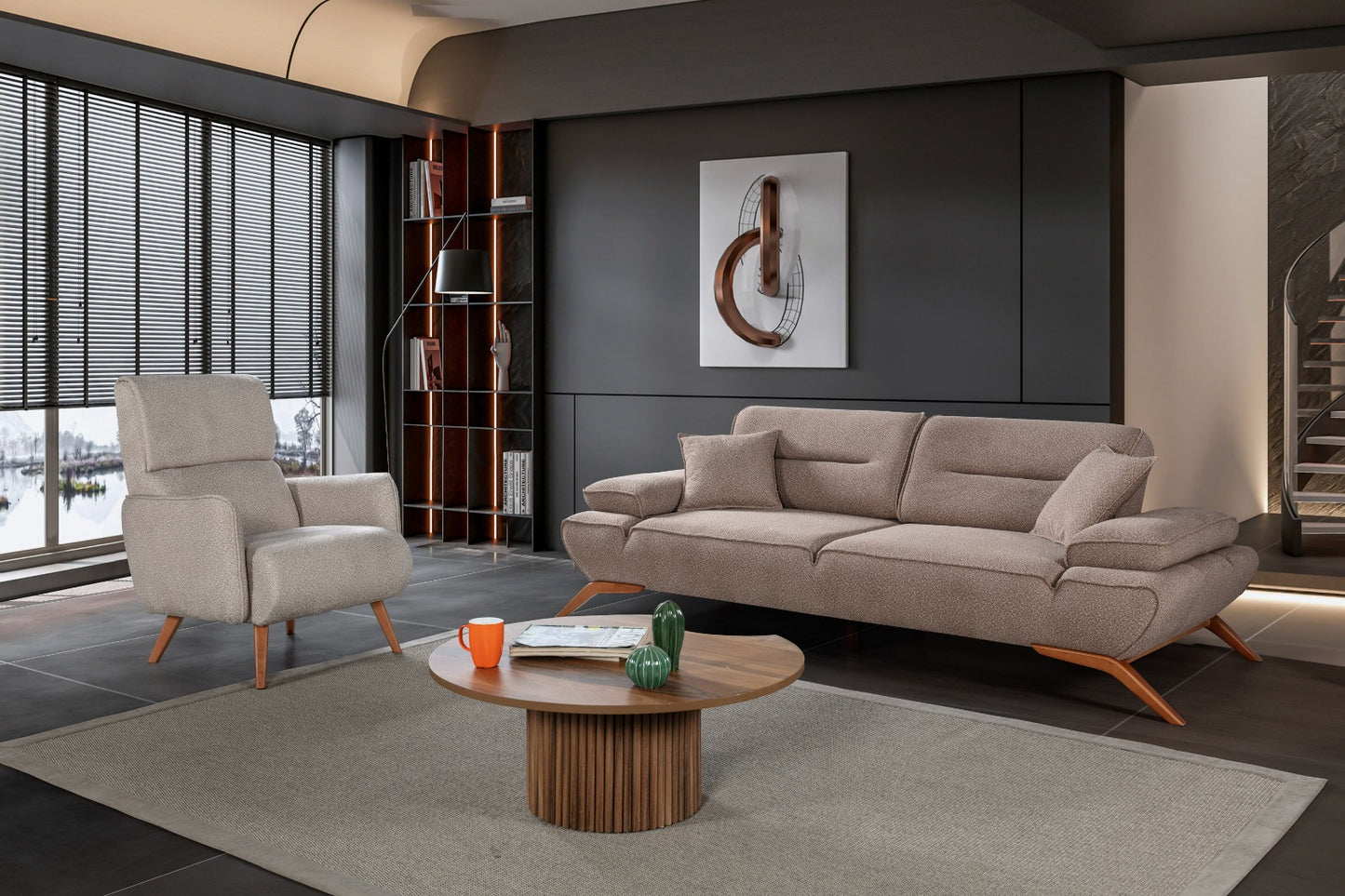Sitzgruppe/Sofa Set - Wohnzimmergarnitur "Acantha" 3+3+1+1 - Hellbraun/Grau - Nobelaa