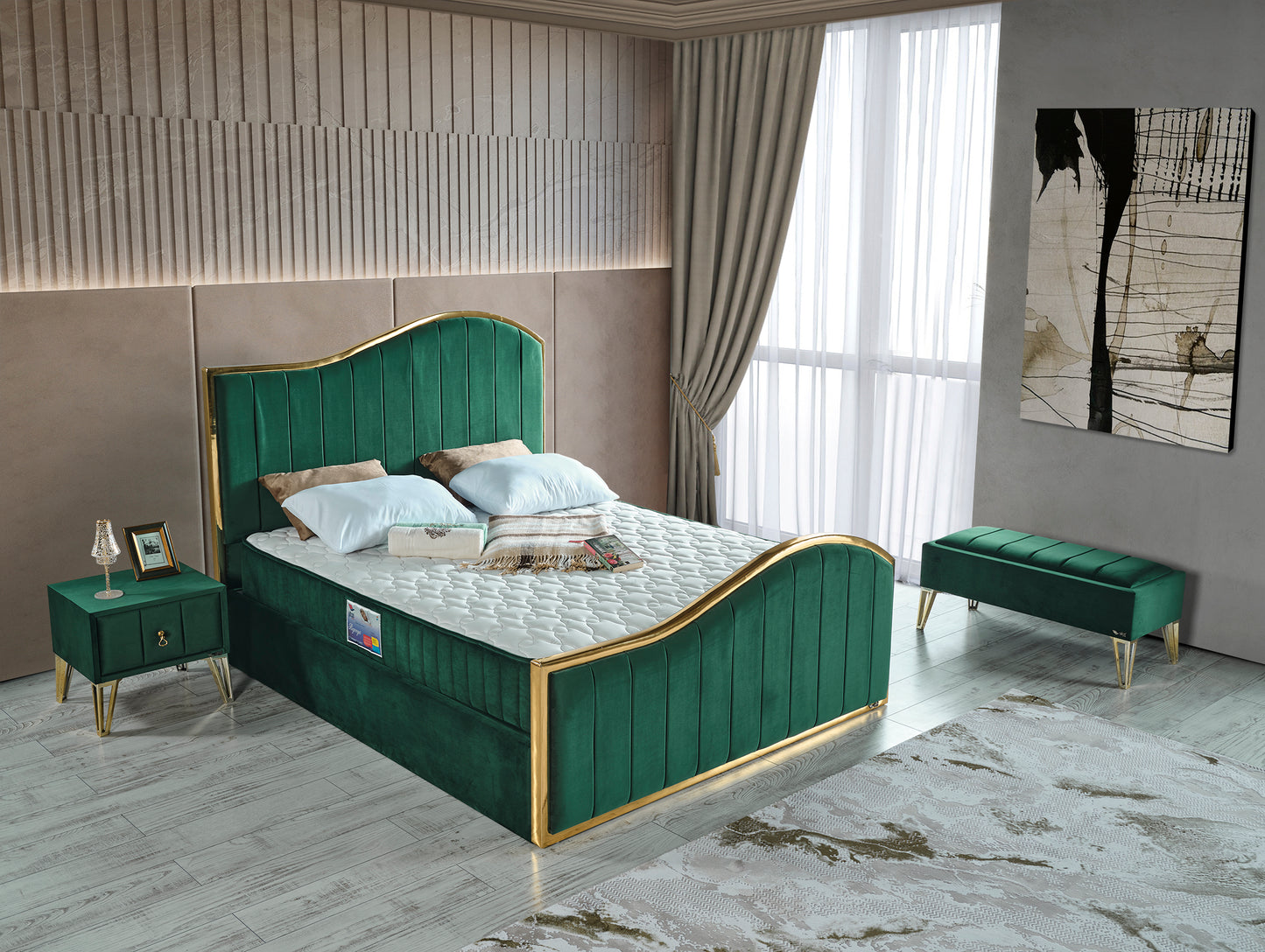 Schlafzimmer-Set "Alia" – Bett mit Bettkasten und Matratze , Nachttisch, Kommode