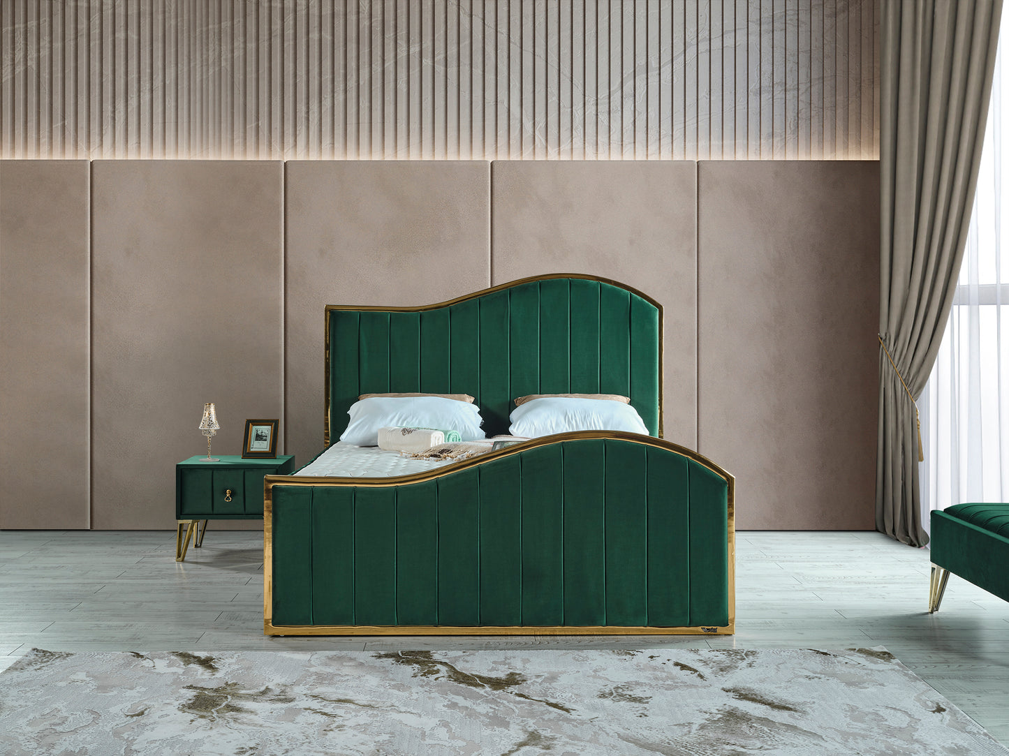Schlafzimmer-Set "Alia" – Bett mit Bettkasten und Matratze , Nachttisch, Kommode
