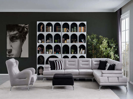 Ecksofa "Allium" + Sessel + Hocker - Grau - Nobelaa