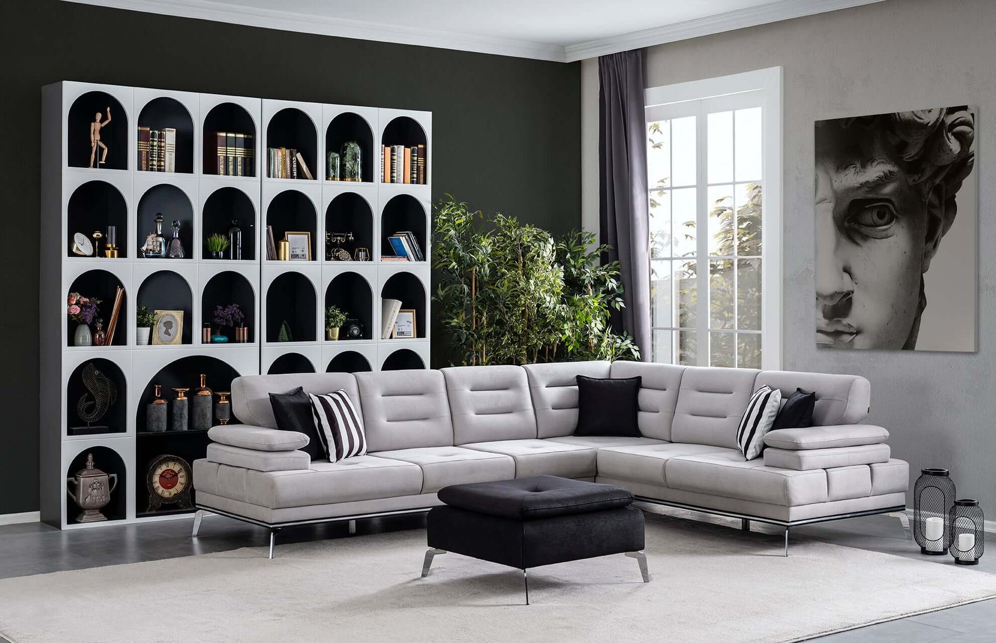 Ecksofa "Allium" + Sessel + Hocker - Grau - Nobelaa