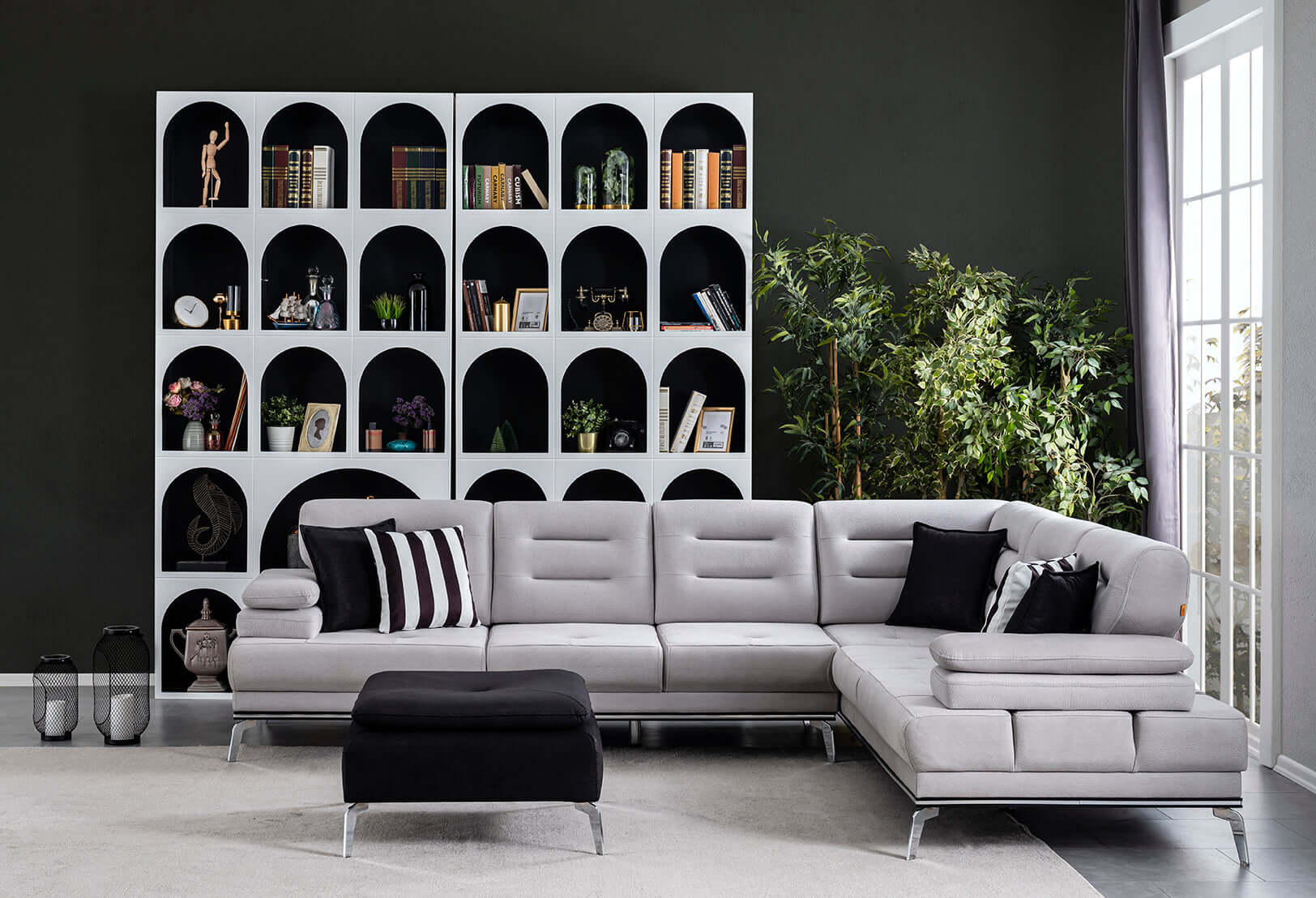 Ecksofa "Allium" + Sessel + Hocker - Grau - Nobelaa