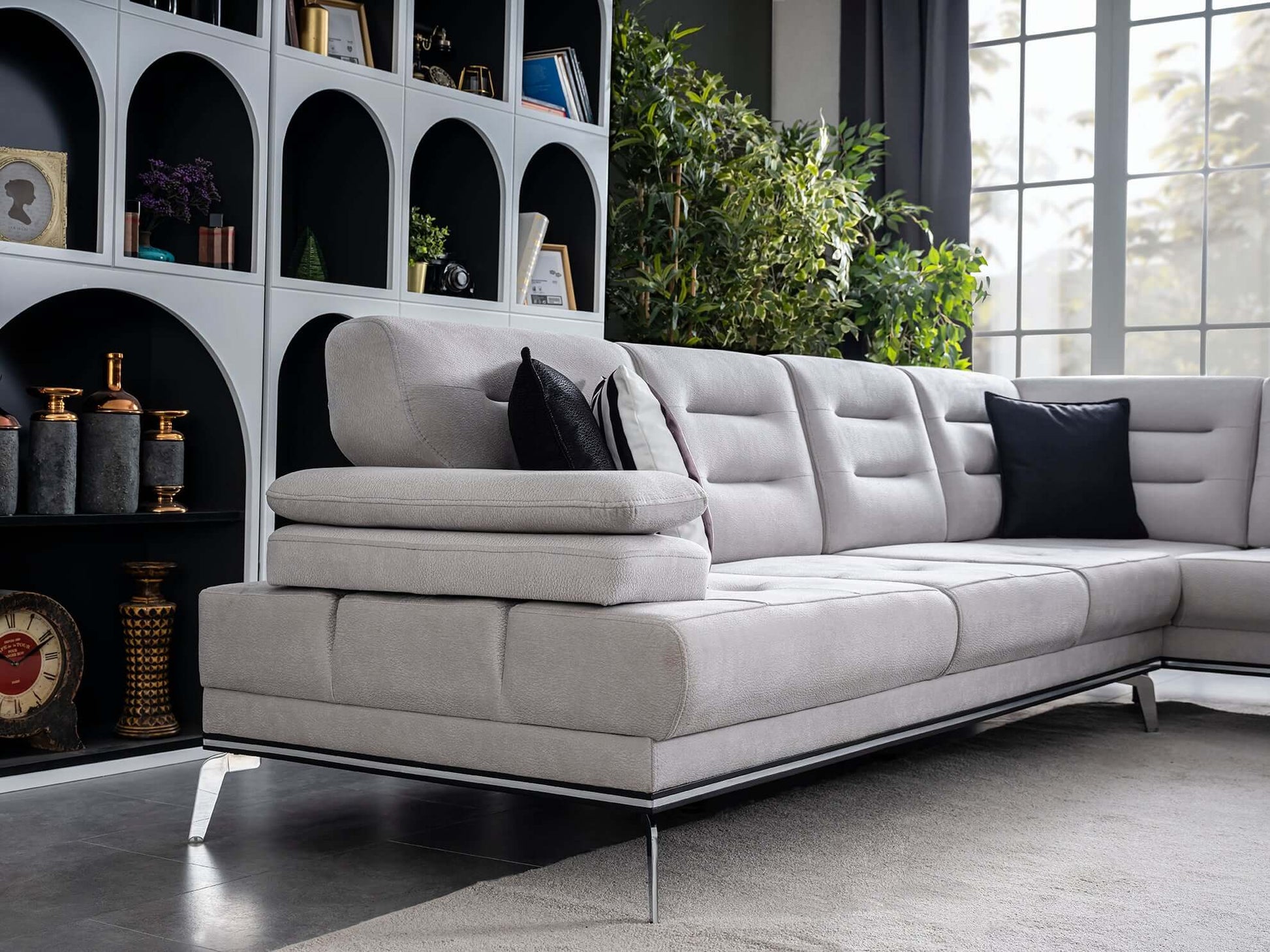 Ecksofa "Allium" + Sessel + Hocker - Grau - Nobelaa