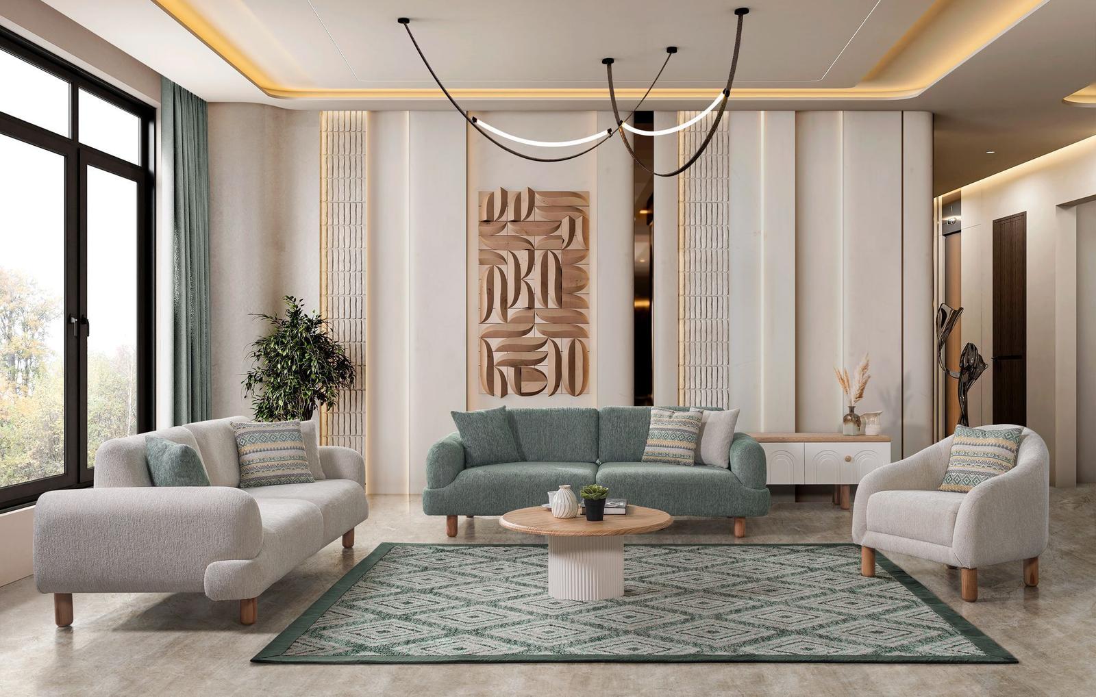 Sitzgruppe/Sofa Set - Wohnzimmergarnitur "Asphodel" 3+3+1+1 - Beige/Hellgrün