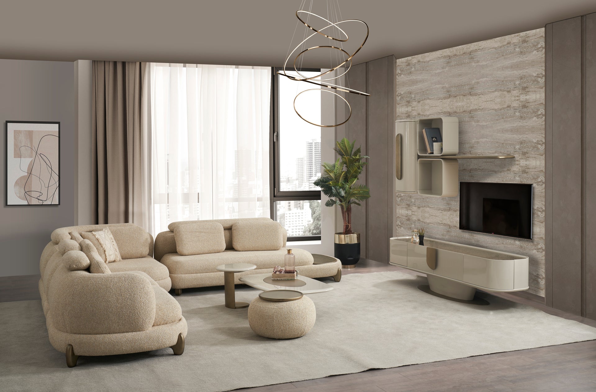 Modulare Ecksofa "Atmos" + Sessel + Hocker - Beige - Nobelaa