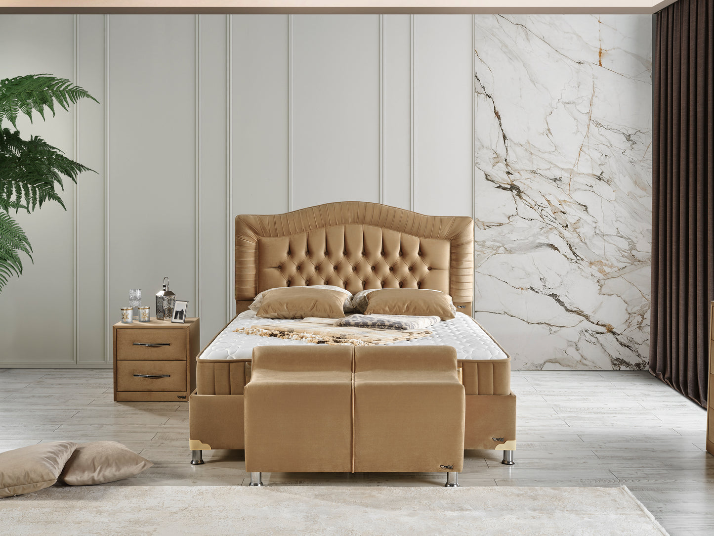 Schlafzimmer-Set "Mirabella" – Bett mit Bettkasten, Nachttische, Kommode, Bettbank, mit Matratze