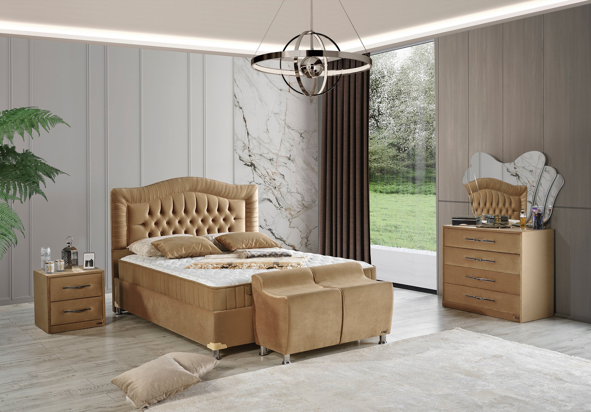 Schlafzimmer-Set "Mirabella" – Bett mit Bettkasten, Nachttische, Kommode, Bettbank, mit Matratze